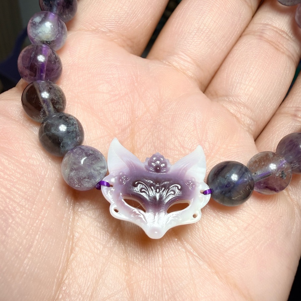 Fluorite Bracelet | 8mm Purple Blue Green Fluorite | Mother of Pearl Fox Charm - Picture 4 of 6